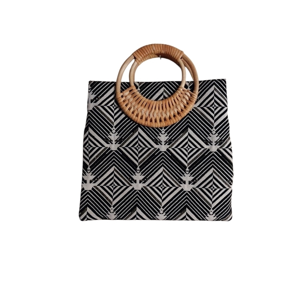 Chic Black and White Tote with Bamboo Handles